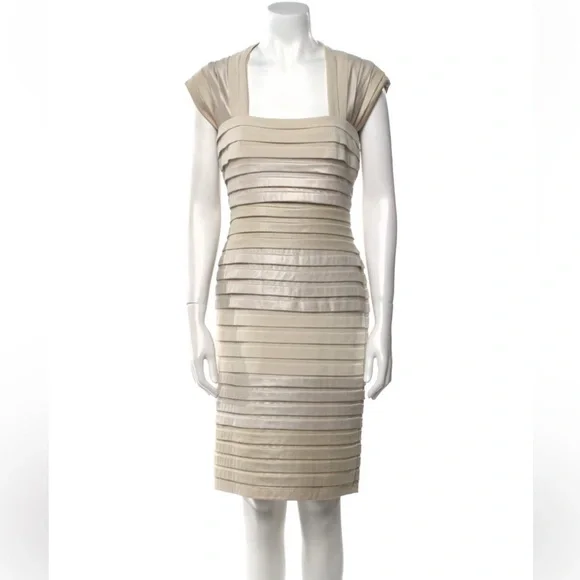 Tadashi Shoji Cap Sleeve Gold/Cream Shutter Pleat Ombre Midi Dress Medium $295 - Picture 1 of 12